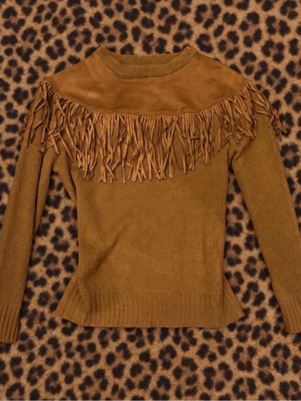 Fringe boho suede western Crewneck Sweater